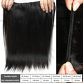 Black hair extensions held by hands with a measurement chart below.