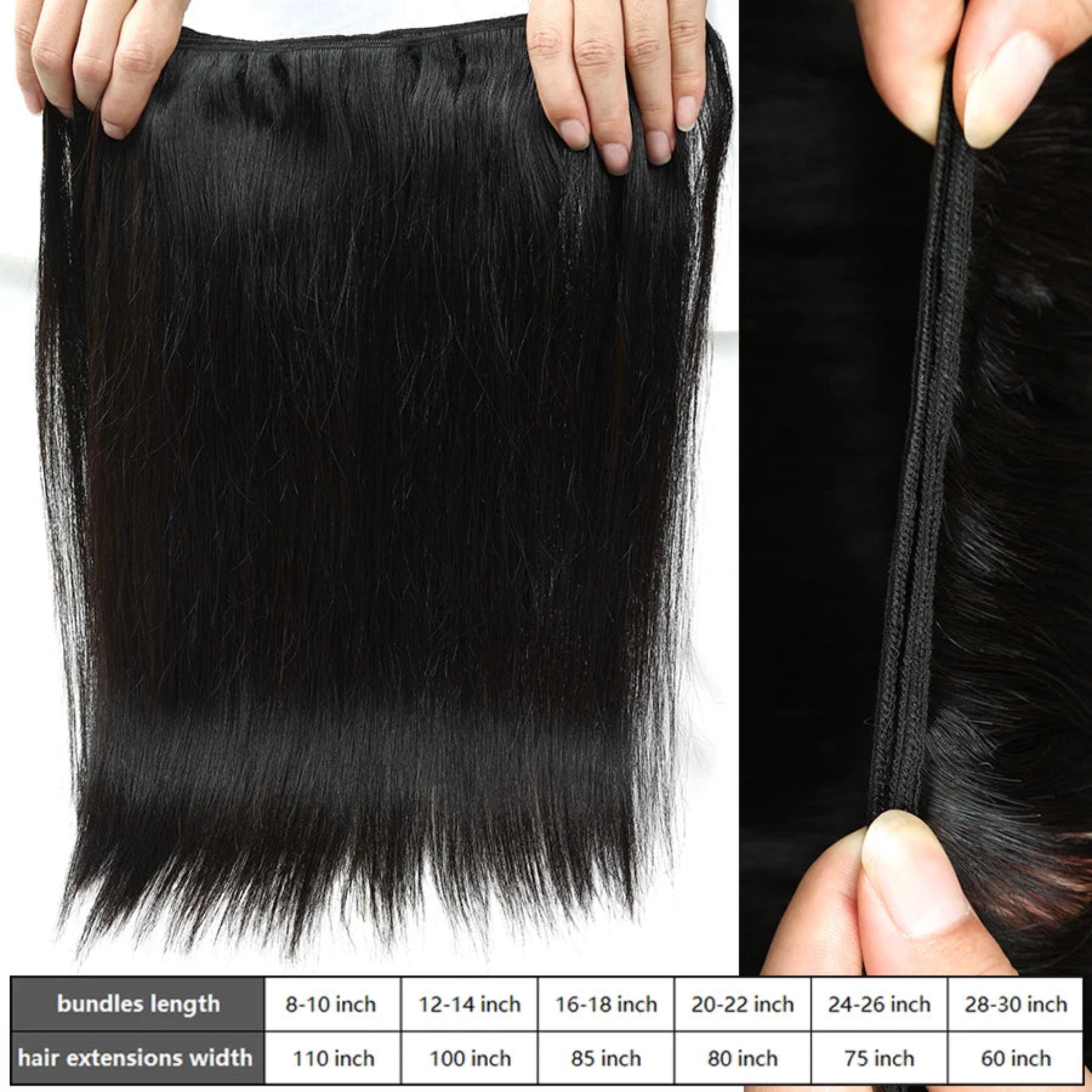 Black hair extensions held by hands with a measurement chart below.