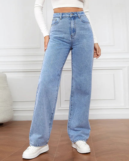 Women’s Y2K high-waist baggy jeans in retro blue with a loose straight-leg silhouette.