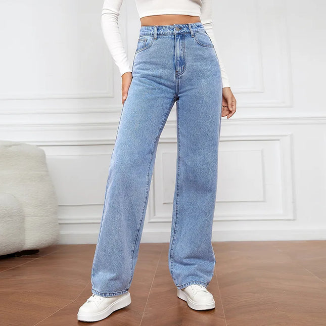 Women’s Y2K high-waist baggy jeans in retro blue with a loose straight-leg silhouette.