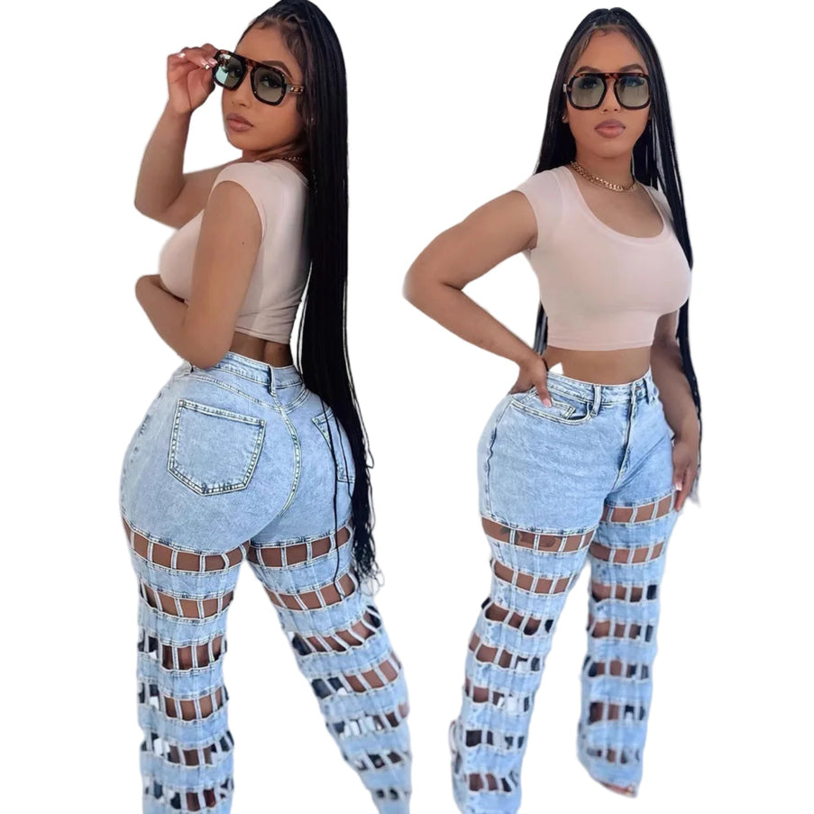 Woman wearing a beige top and checkered jeans against a white background
