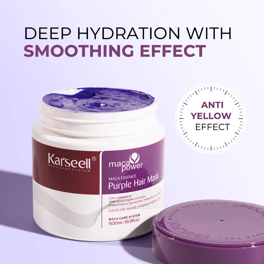 Karseell Purple Hair Mask 500ml for deep hydration and anti-yellow toning on blonde, silver, and gray hair.
