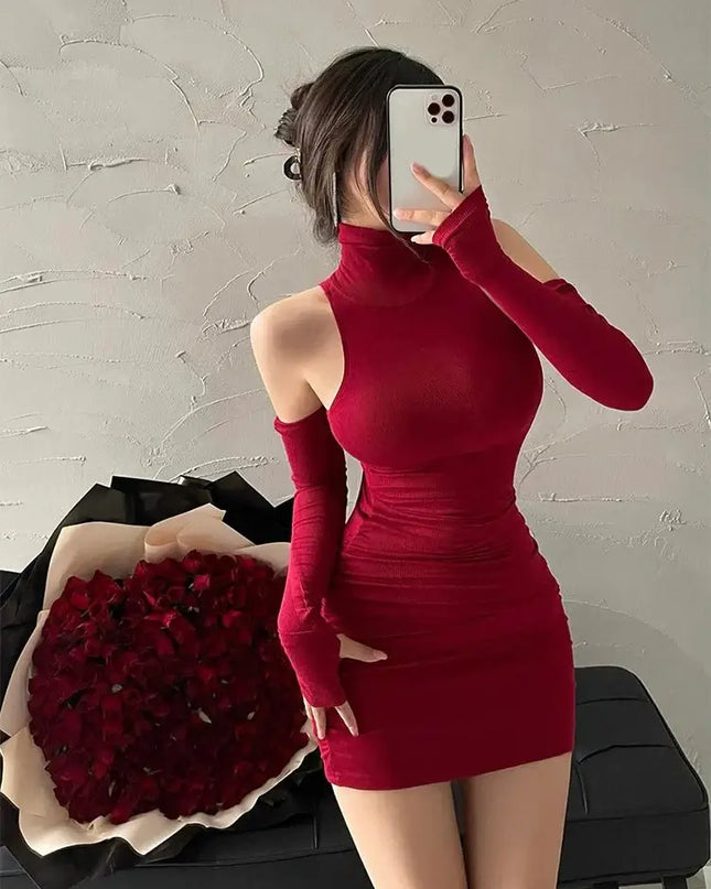 Model wearing a red high neck bodycon dress with oversleeves, showcasing a flattering fit and stylish design.
