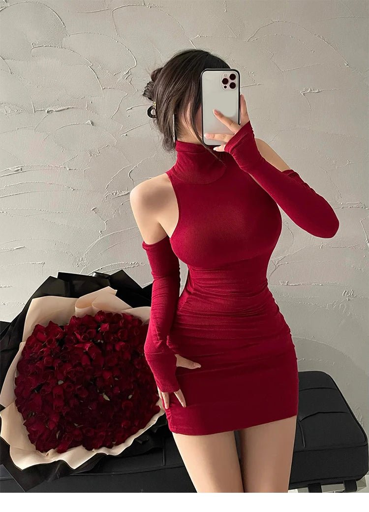 Model wearing a red high neck bodycon dress with oversleeves, showcasing a flattering fit and stylish design.