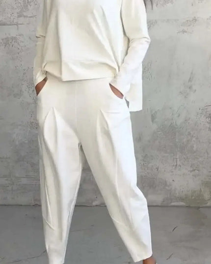 Women's Two-piece Solid Color Round Neck Long Sleeved Top and Casual Pants Set for Autumn 2024