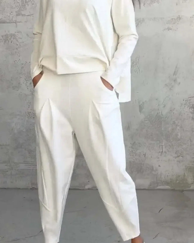 Women's Two-piece Solid Color Round Neck Long Sleeved Top and Casual Pants Set for Autumn 2024