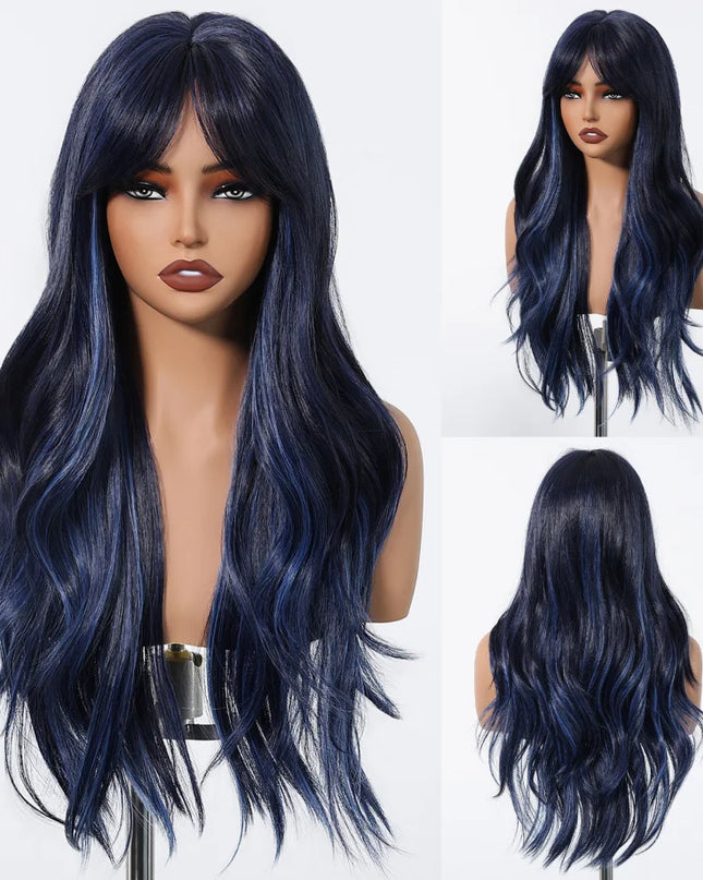 Brown Wavy Wigs for Women with Bangs Long Natural Synthetic Hair Wig Daily Cosplay Heat Resistant