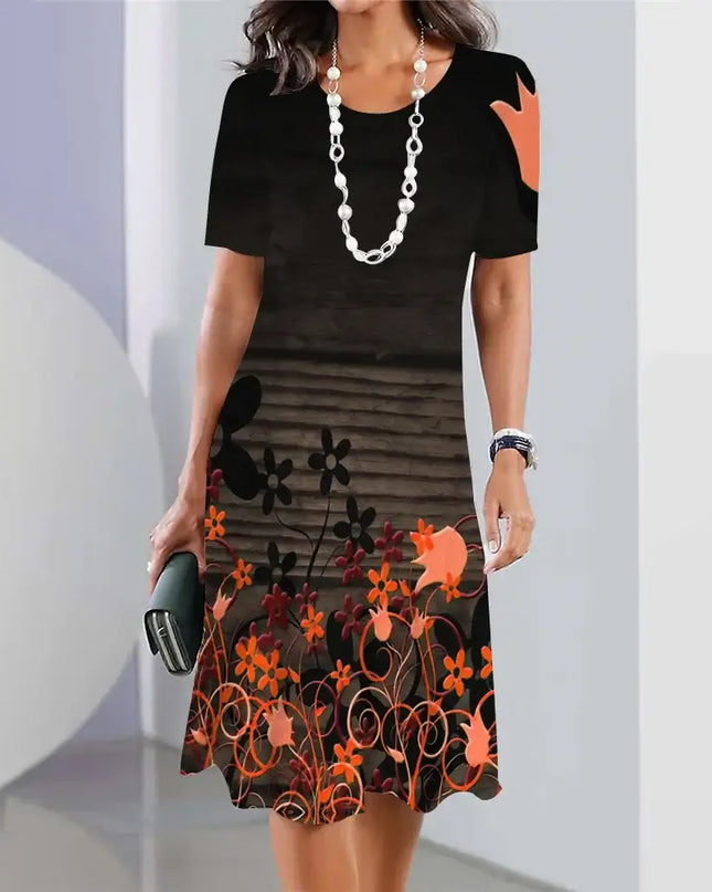 Summer Women's Dresses 3D Floral Print short sleeve dress with A-line skirt and elegant design.