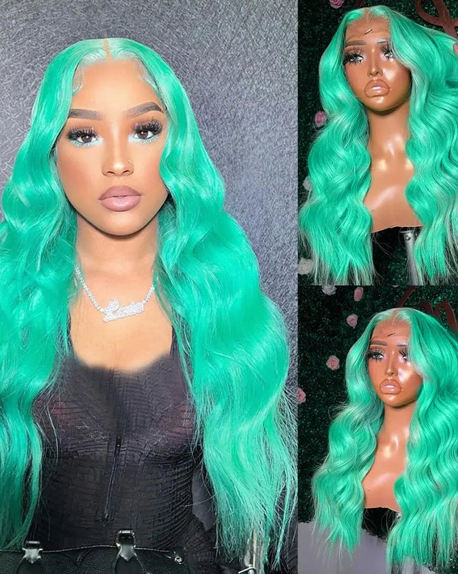 Turquoise wig displayed on a mannequin head with close-up views.