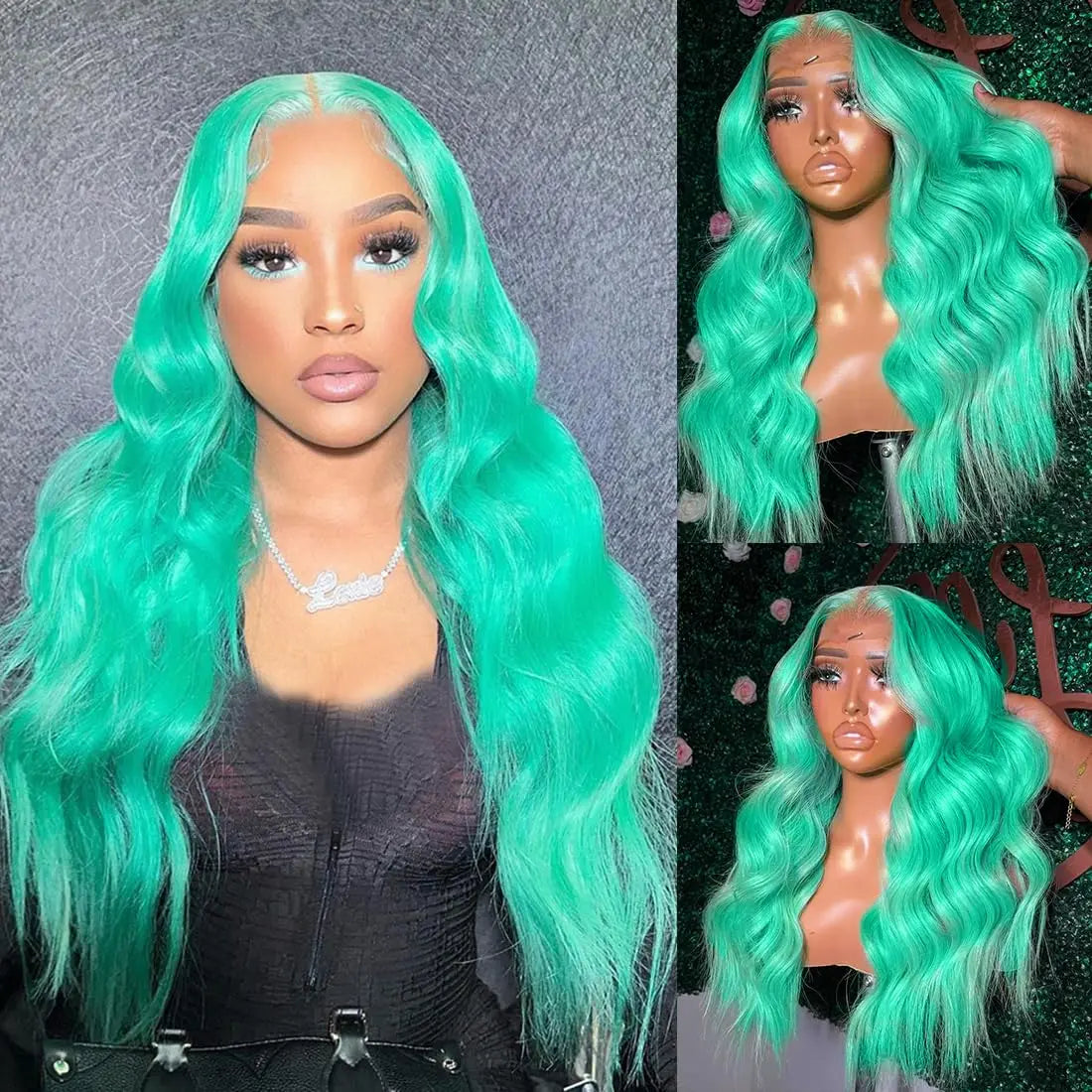Turquoise wig displayed on a mannequin head with close-up views.