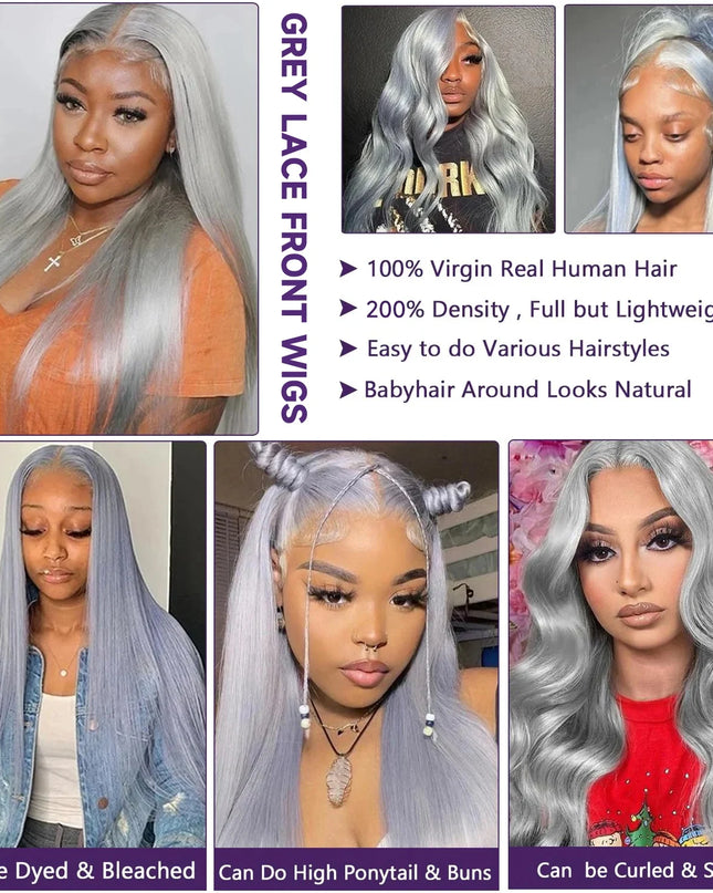 Promotional image of gray lace front wigs with a model wearing them, highlighting features like 100% virgin real human hair and ease of styling.