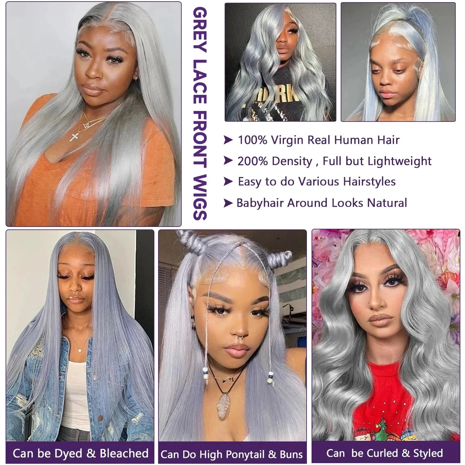 Promotional image of gray lace front wigs with a model wearing them, highlighting features like 100% virgin real human hair and ease of styling.