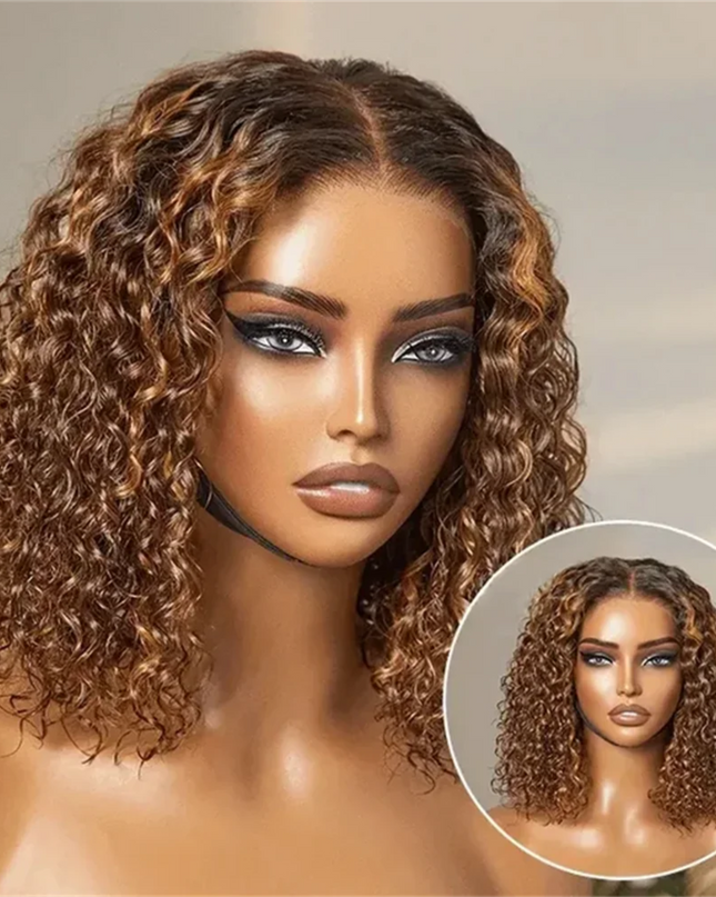 Deep Wave Bob Wig Human Hair Glueless Highlight 5x5 HD Lace Front 220% Density 4/27 Colored Ombre
