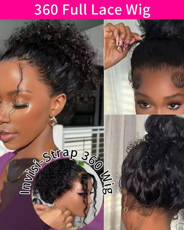 Collage of a 360 full lace wig with close-up shots and a woman wearing it.