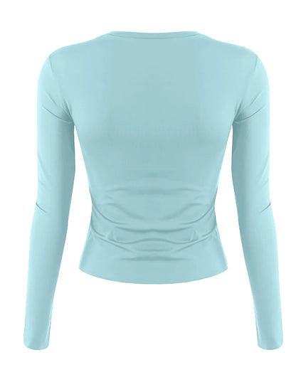 womens long sleeve crop top in light blue color showcasing back view and slim fit design
