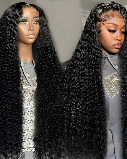 Black curly wig on a mannequin and a person wearing it.