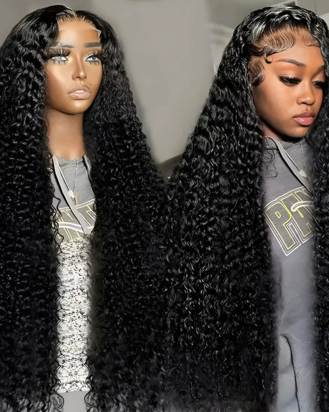 Black curly wig on a mannequin and a person wearing it.
