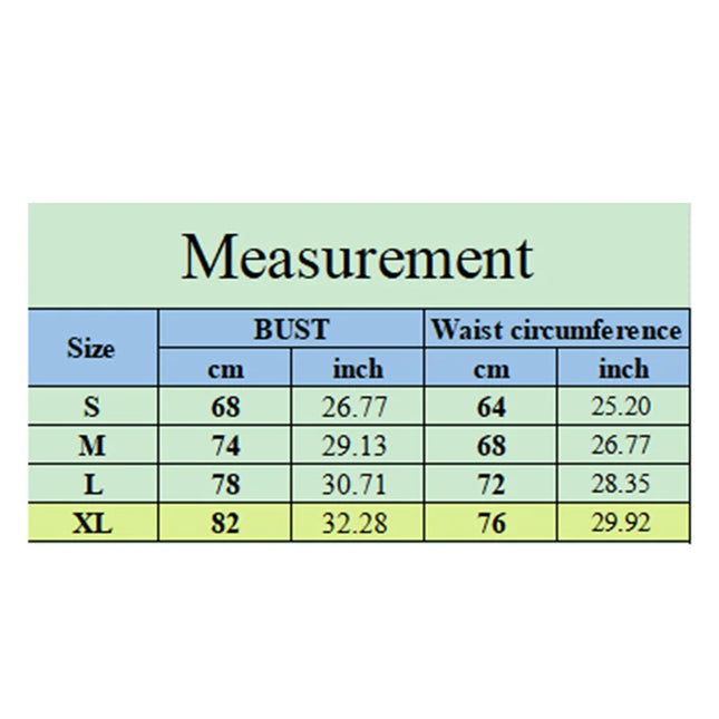 Measurement chart for bust and waist circumference in centimeters and inches.