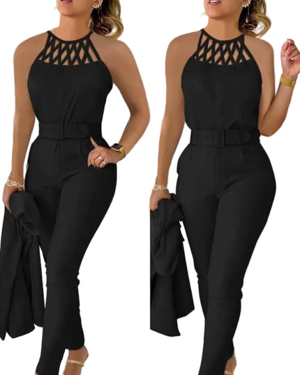 Woman wearing a black jumpsuit with a textured background