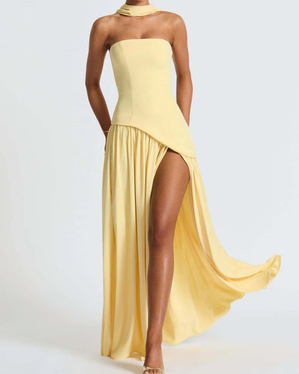 2025 Summer Strapless Satin Backless Pleated Long Dress
