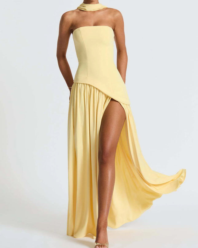 2025 Summer Strapless Satin Backless Pleated Long Dress