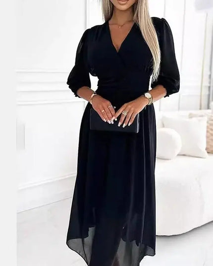 Sexy V Neck Solid Chiffon Long Dress Women Spring Elegant High-waisted Slim Party Dress Autumn 3/4 Sleeve A-Line Bohemian Dress