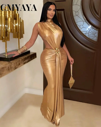 CM.YAYA Women's Gilding Cutout Bodycon Maxi Dress showcasing a striking design and elegant gilding details.