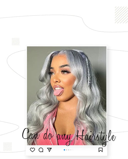 Three images of a woman with gray hair, each labeled with different hair care or styling benefits.