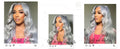 Three images of a woman with gray hair, each labeled with different hair care or styling benefits.
