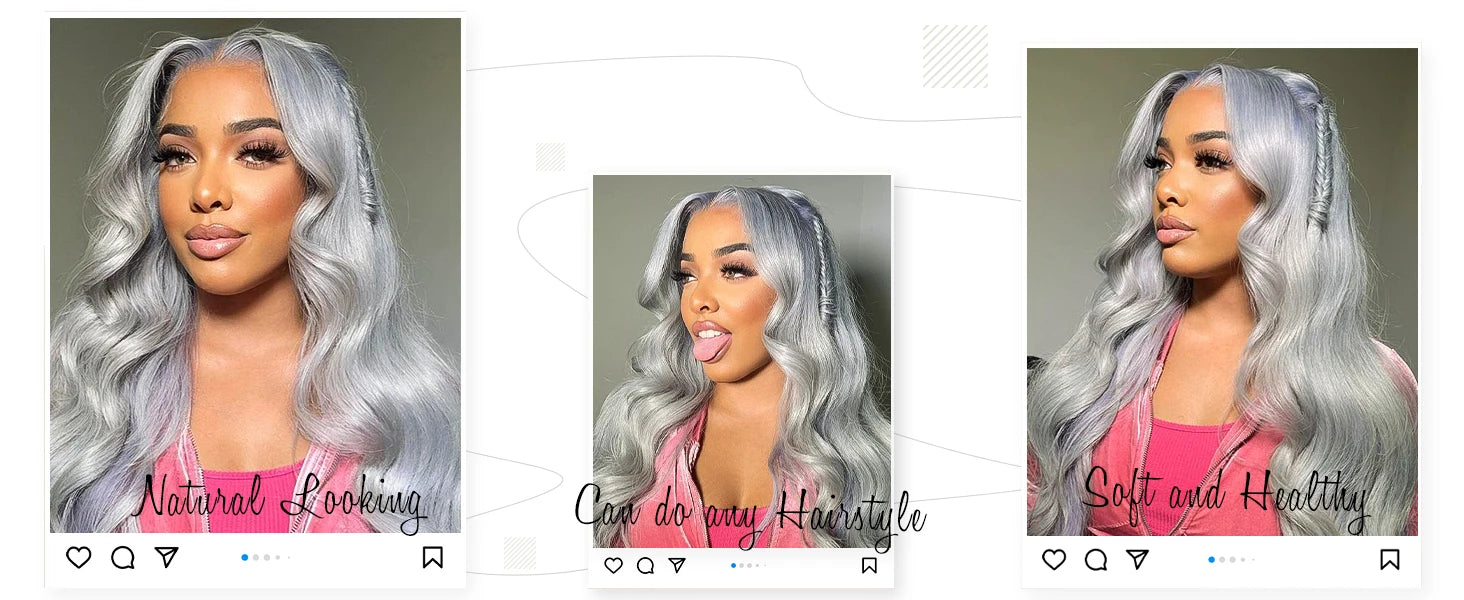 Three images of a woman with gray hair, each labeled with different hair care or styling benefits.