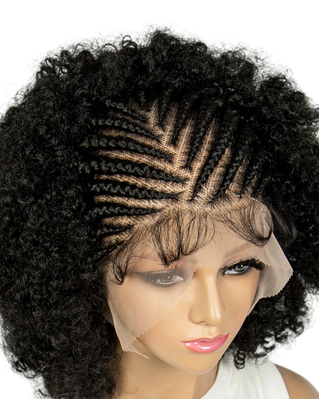 Mannequin head with a black curly wig and braided design on a white background