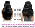 Hair extension length chart with two models and measurement guide.
