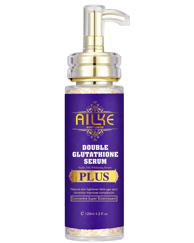 AILKE Double Glutathione Skin Lightening Serum, 120ml, brightening formula for face and body, natural skin lightener.