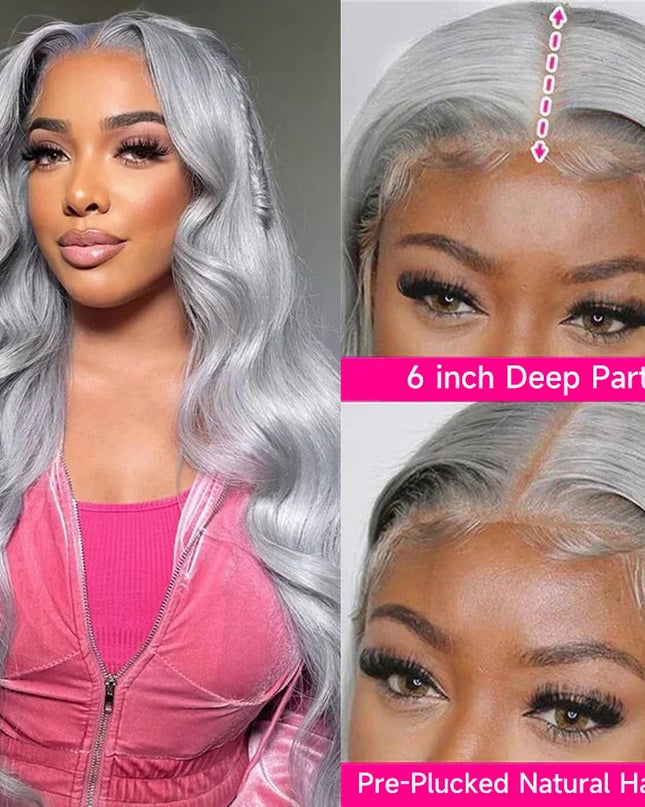 Woman with silver hair styled in a wig, showing a close-up of the hairline and a side view.