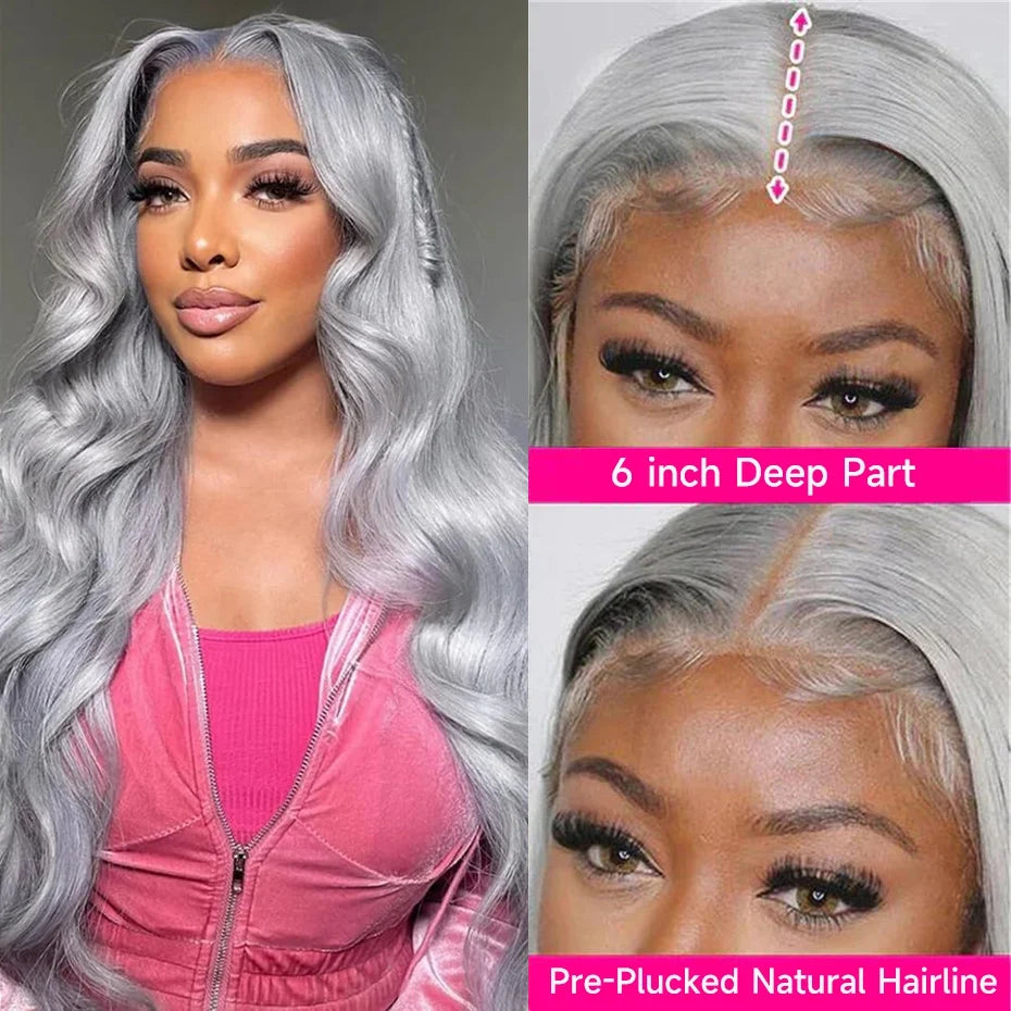 Woman with silver hair styled in a wig, showing a close-up of the hairline and a side view.