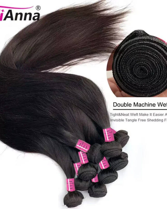 Hair extensions with AliAnna branding and a close-up of double machine weft technique.
