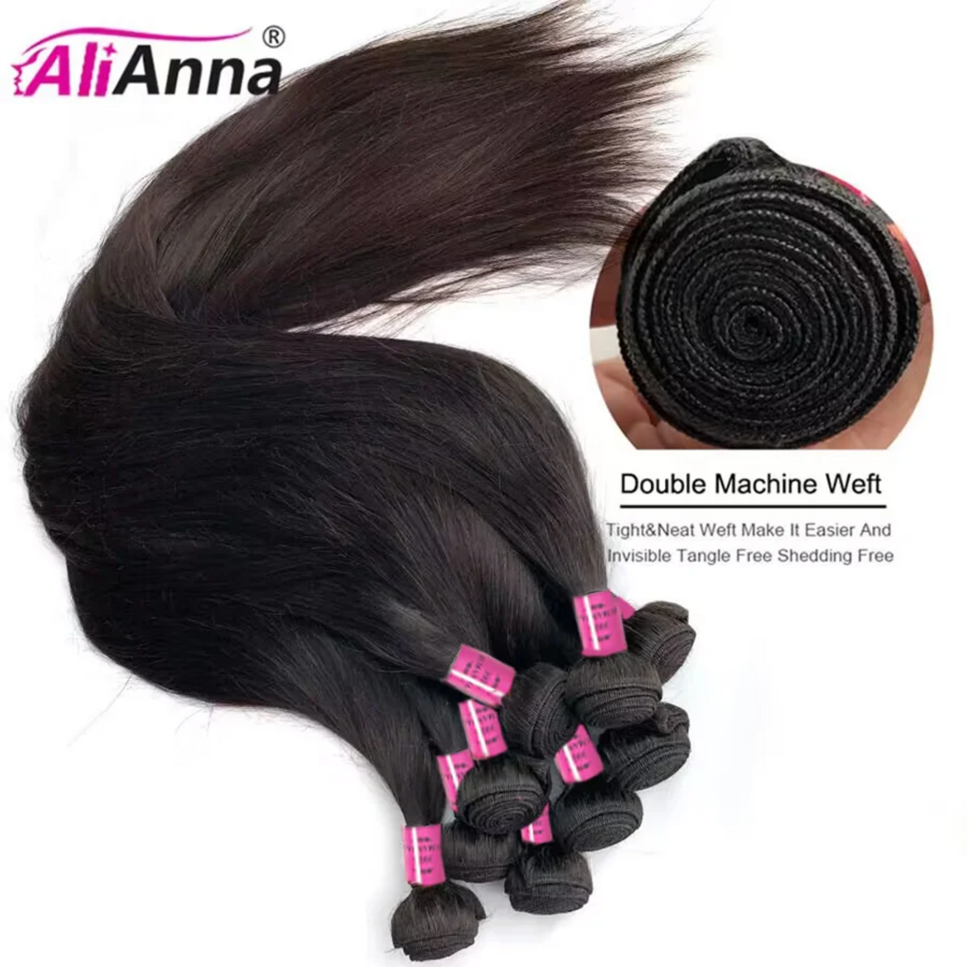 Hair extensions with AliAnna branding and a close-up of double machine weft technique.