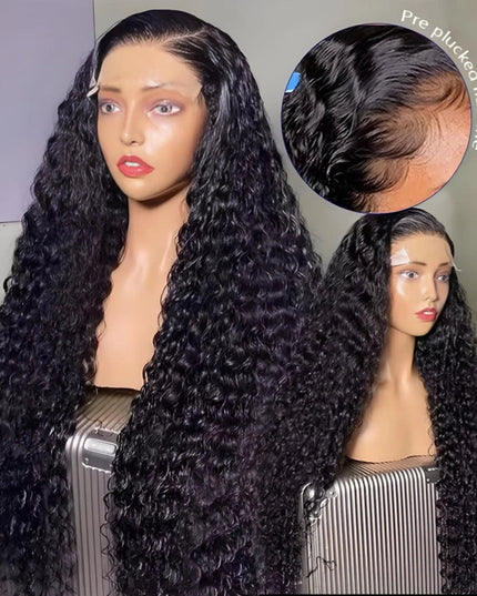 Black lace wig on a mannequin with close-up of pre-plucked hairline.