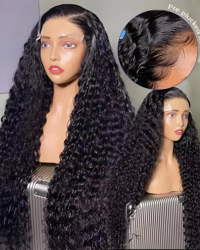Black lace wig on a mannequin with close-up of pre-plucked hairline.