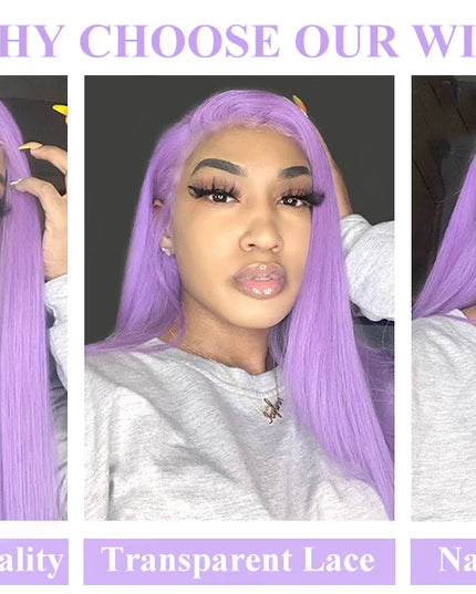 Three panels showing a woman with a purple wig, highlighting quality, lace transparency, and hairline.