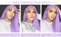 Three panels showing a woman with a purple wig, highlighting quality, lace transparency, and hairline.