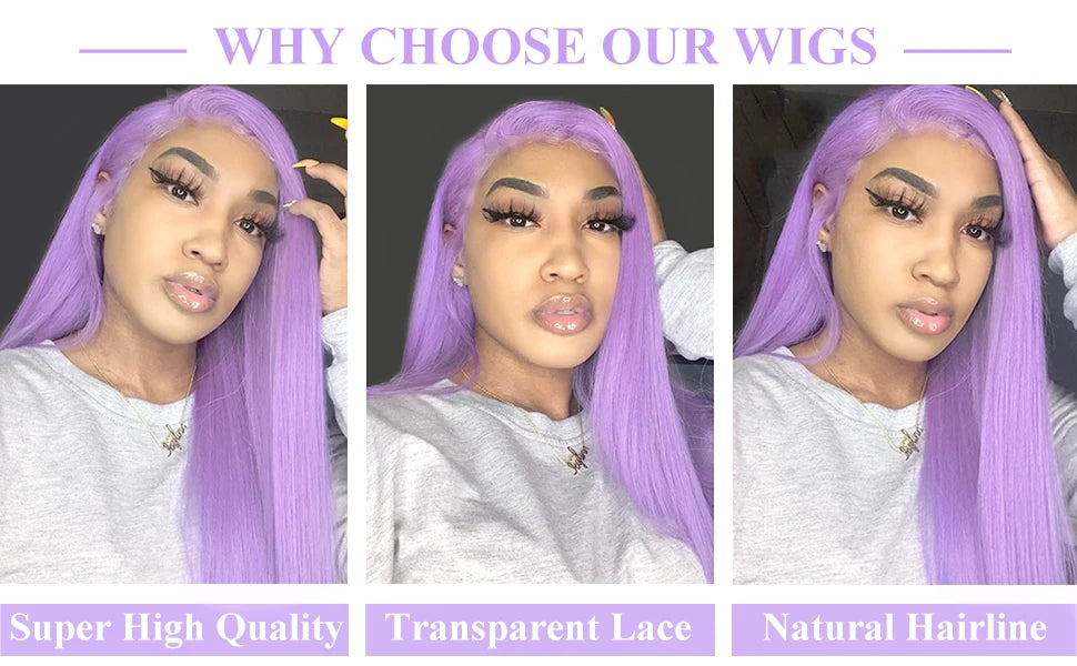 Three panels showing a woman with a purple wig, highlighting quality, lace transparency, and hairline.