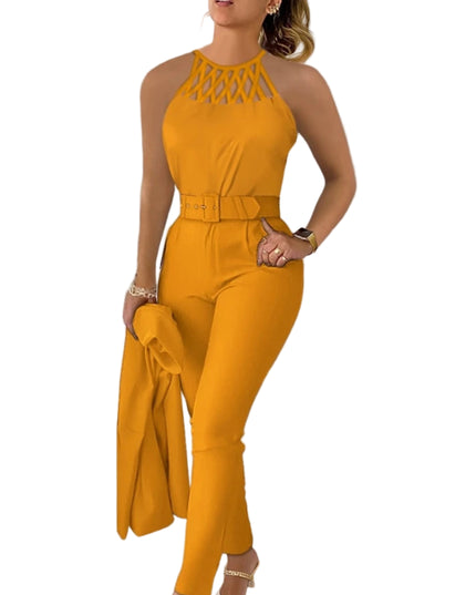 Woman wearing a mustard yellow jumpsuit with a white background