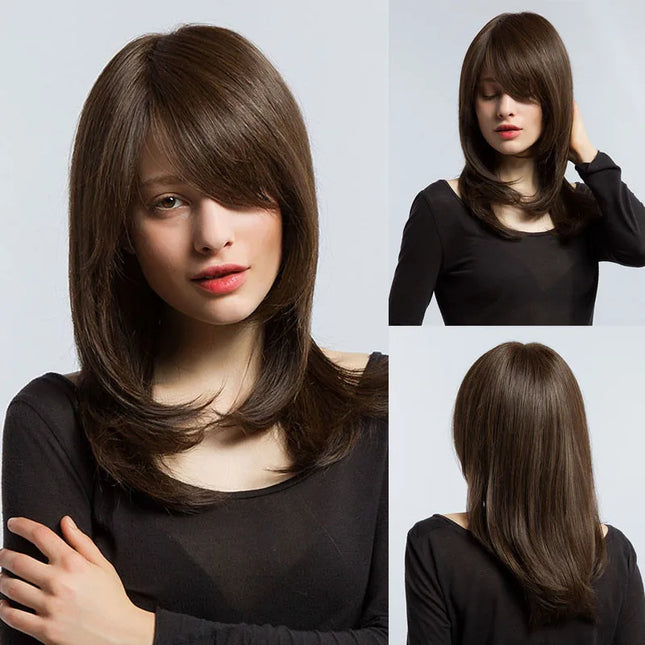 Blonde Synthetic Wigs with Bangs Medium Length Layered Straight Wig Natural Highlight Hair