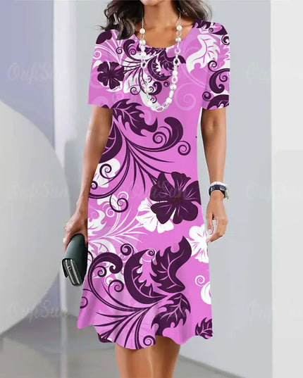 Summer women's dresses 3d floral print short sleeve dress with elegant pink and white flower design.