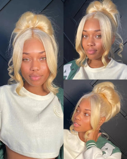 Collage of a woman with blonde hair styled in a bun against a dark background.