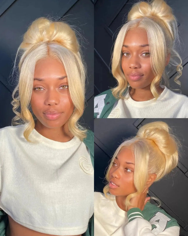 Collage of a woman with blonde hair styled in a bun against a dark background.