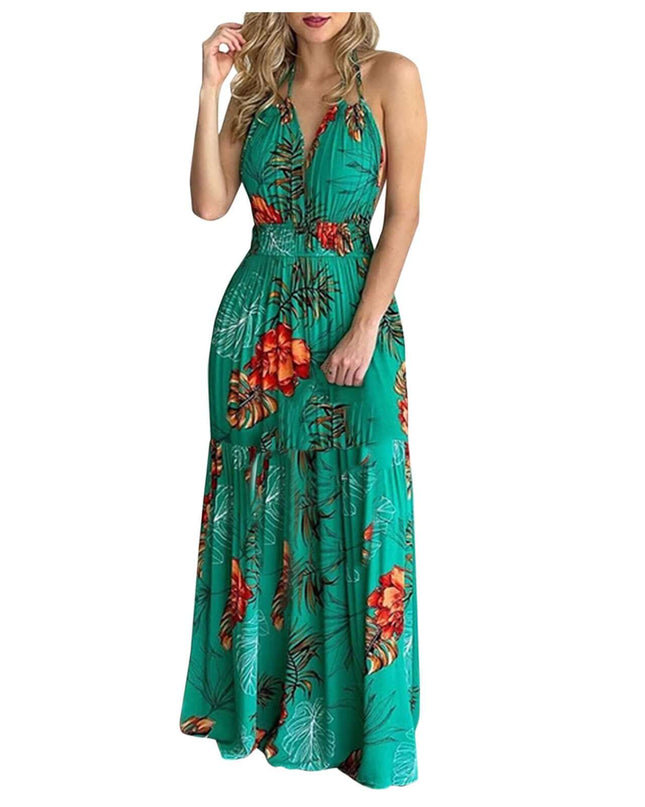 Women Tropical Print Halter Backless Maxi Dress Sexy Sleeveless Deeep V Beach Dress