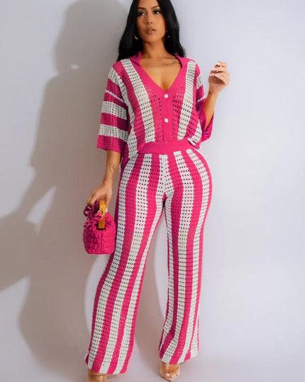 Women's Crochet Knit Two-Piece Beach Set – Button Top & Wide-Leg Pants