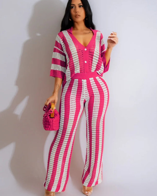 Women's Crochet Knit Two-Piece Beach Set – Button Top & Wide-Leg Pants
